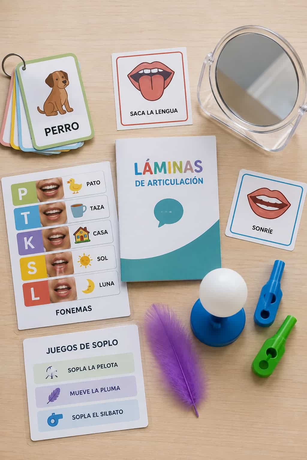 Material de fonoaudiología infantil: tarjetas de articulación, láminas de fonemas, espejo y juegos de soplo