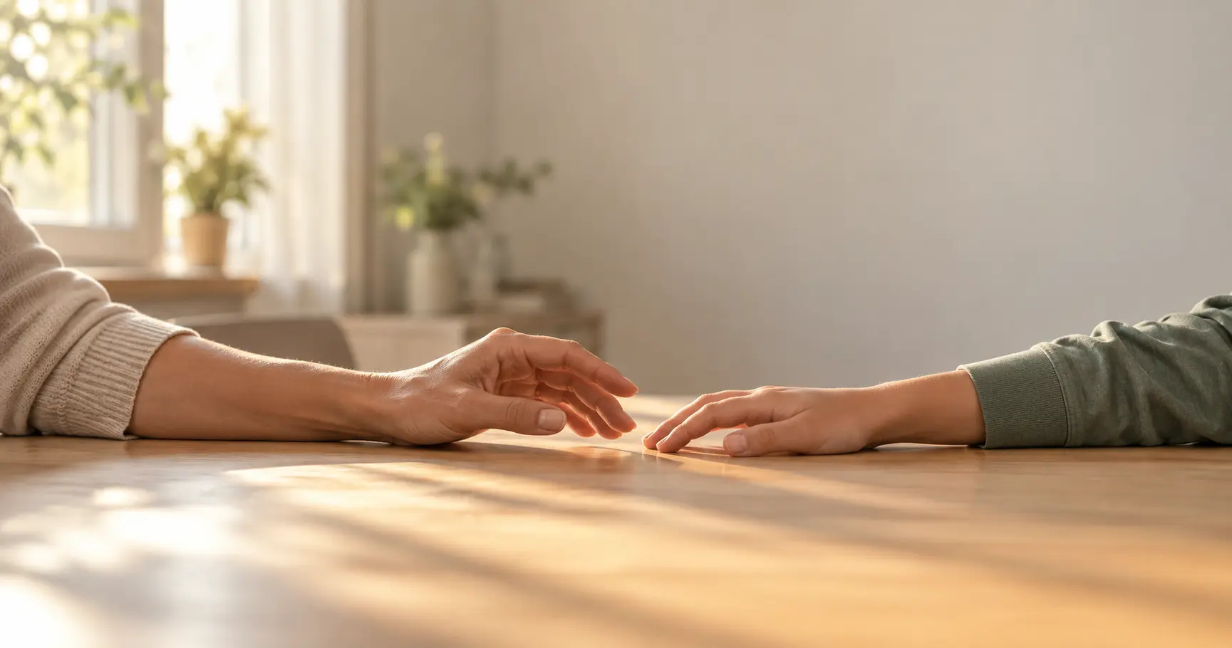 Terapia de revinculación en Maipú: mano de un adulto y mano de un niño sobre una mesa de madera